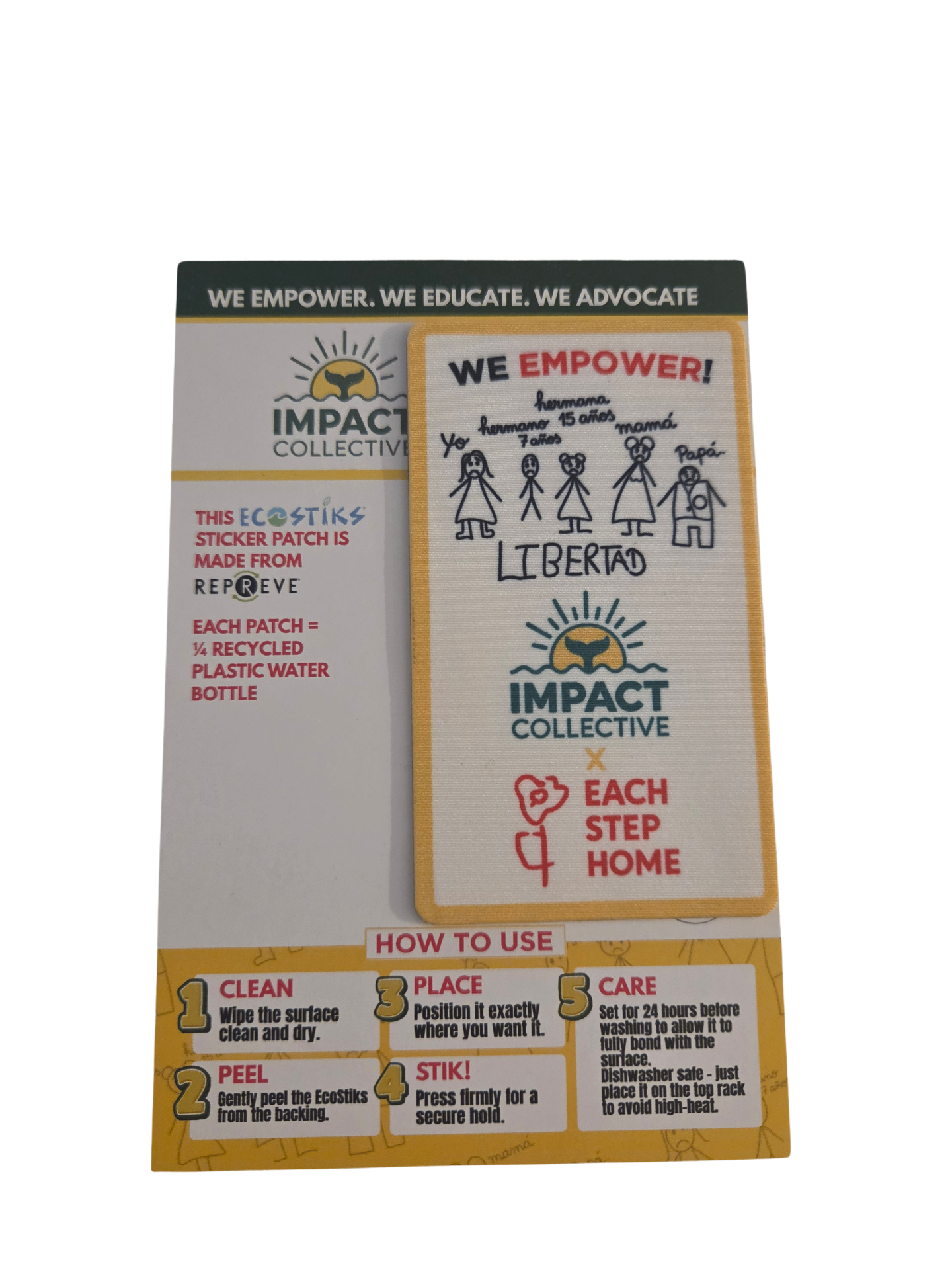 EcoStiks sticker patch packaging showing Empower, Educate, Advocate styles